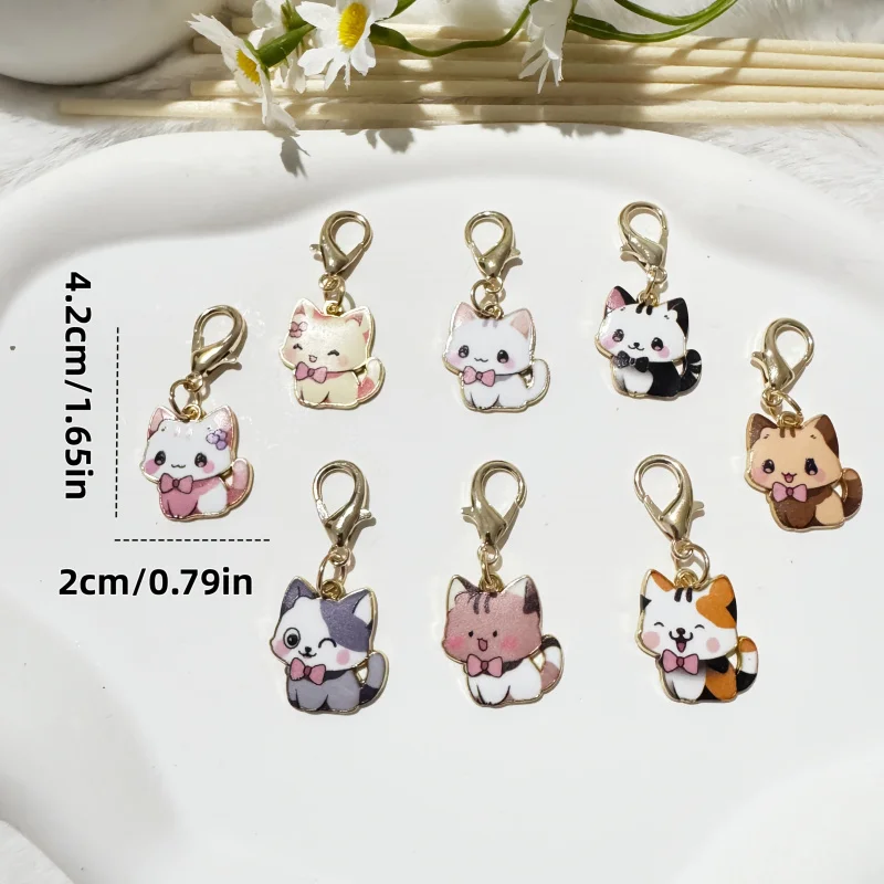 One Set8A cute cartoon cat keychain，Durable zinc alloy，Very suitable for pet accessories，Clothing and backpack decoration，Car Ke