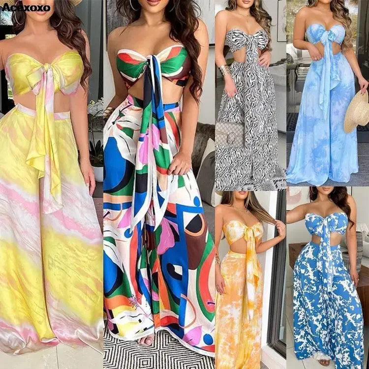 

2023 summer new women's fashion casual sexy sleeveless strapless chest bare waist wide leg pants two-piece set