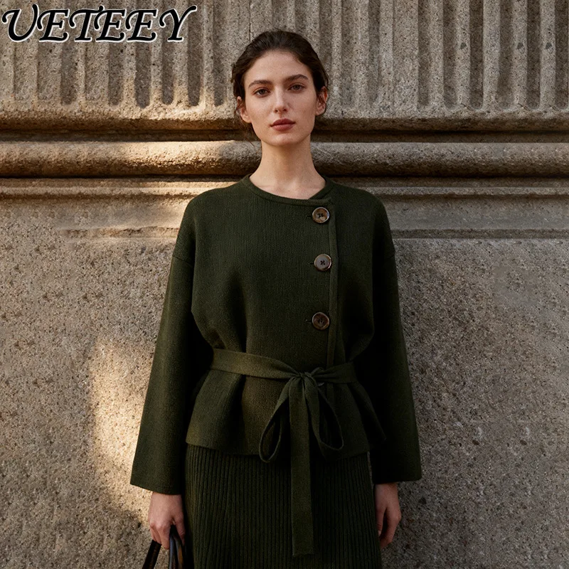 

Autumn New Korean Style Comfortable Casual Loose Cardigan Women's Round Neck Long Sleeve Lace-up Knitted Sweater Coat