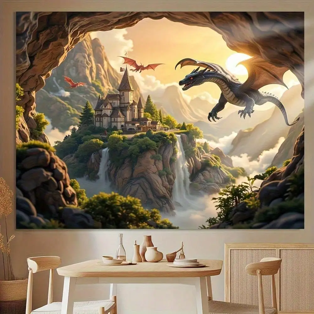 Dragon Castle Tapestry - Fantasy Landscape Wall Hanging, Epic Mythical Art Decor, Living Room Bedroom, Multiple Sizes