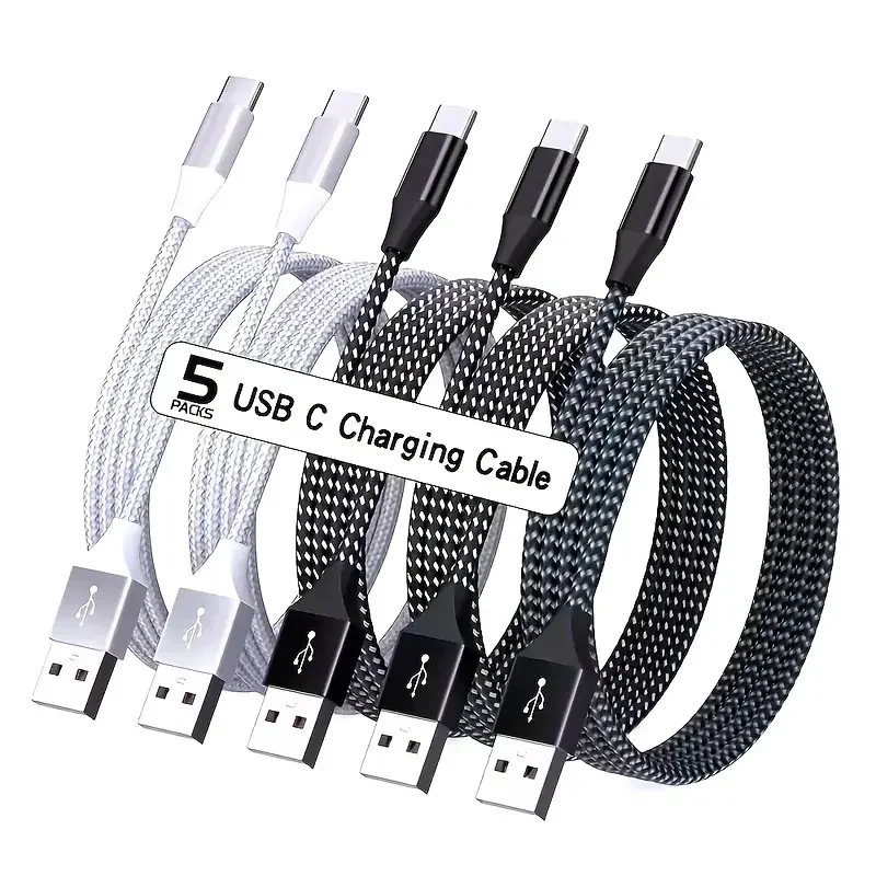 

5 шт. USB-кабели Type-A на Type-C в нейлоновой оплетке для быстрой зарядки, совместимые с iPhone 16 15 Pro Max Plus и Samsung