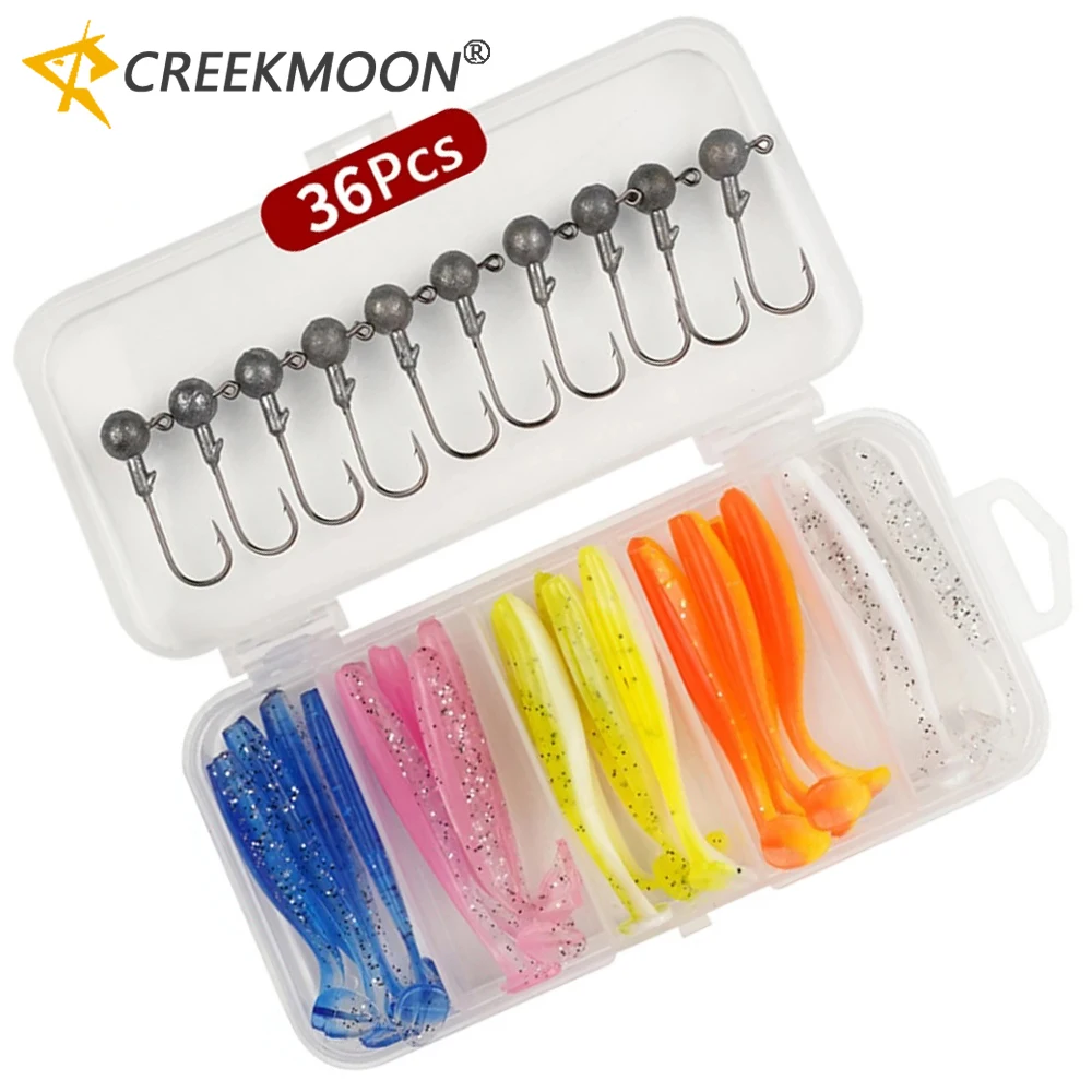 36 Stück/Box Jigkopf-Haken-Set, 6cm Weichköder, 3,5g Jigköpfe, Angelhaken-Set mit Angelzubehörbox und Wirbel
