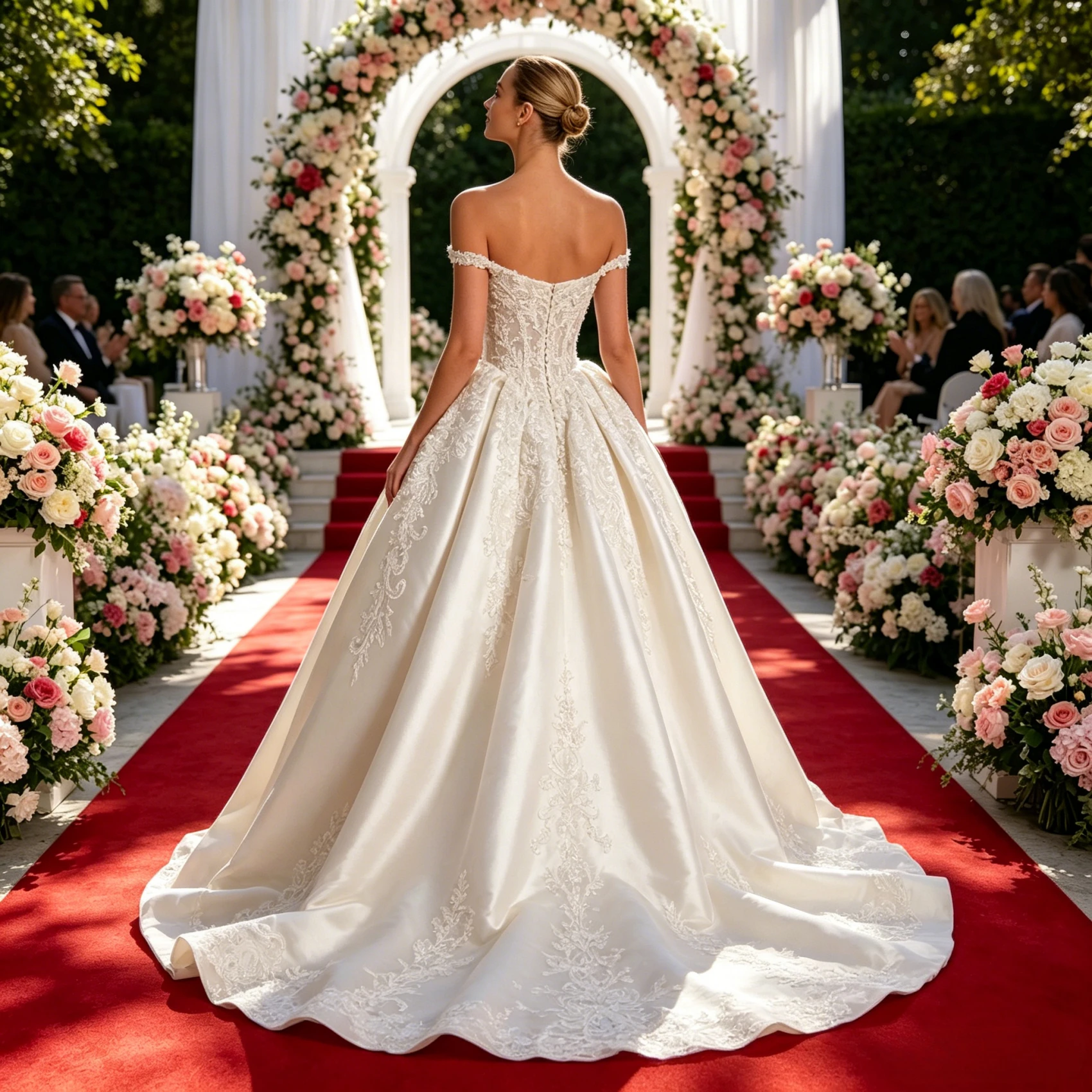 Customized Off Shoulder Sweetheart Wedding Dress Luxury Embroidery Lace Satin Bridal Gown, Puffy Ball Gown With Long Train