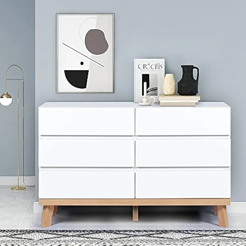 White Dresser for Bedroom 6 Drawer Double Dresser Chest of Drawers Large Storage Cabinet Wooden Dresser for Bedroom, Living Room