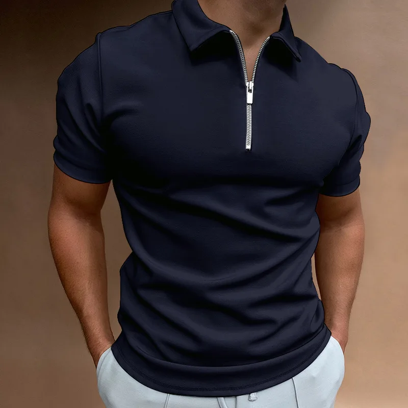 Men\'s long-sleeved cotton zipper shirt folding lapel pullover shirt solid color short-sleeved pullover t blood polo shirt loose