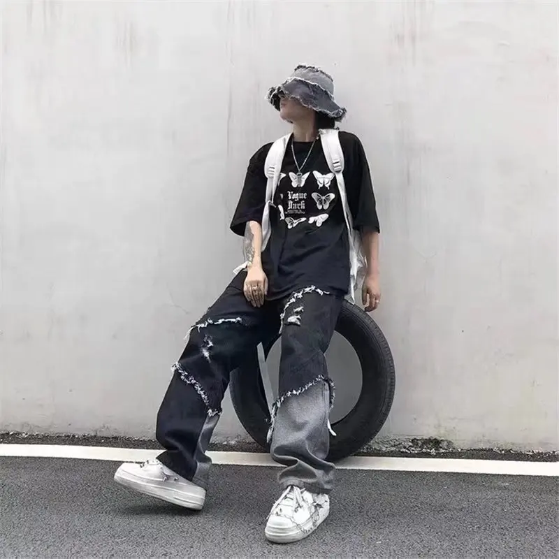 Korean Fashion Ripped Jeans Pants Men Broken Holes Trousers Casual Soft Stylish Regular Baggy Straight Denim Trousers