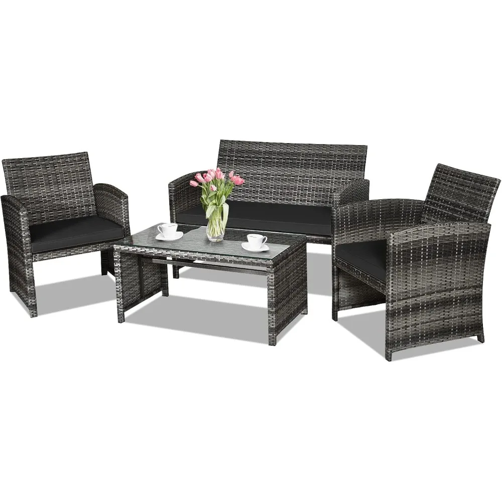 4-Piece Rattan Patio Furniture Set, Outdoor Wicker Conversation Sofa with Weather Resistant Cushions and Tempered Glass Tabletop