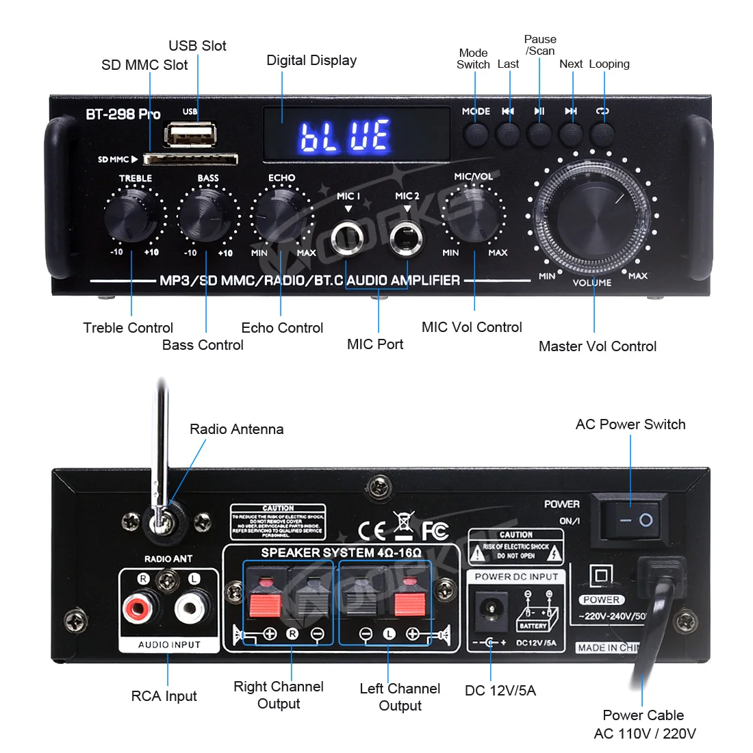 Woopker Power Amplifier BT-298 Pro 2.0 Channel Stereo Bluetooth AMP with Remote Max 800W for Home Theater Speakers Subwoofer