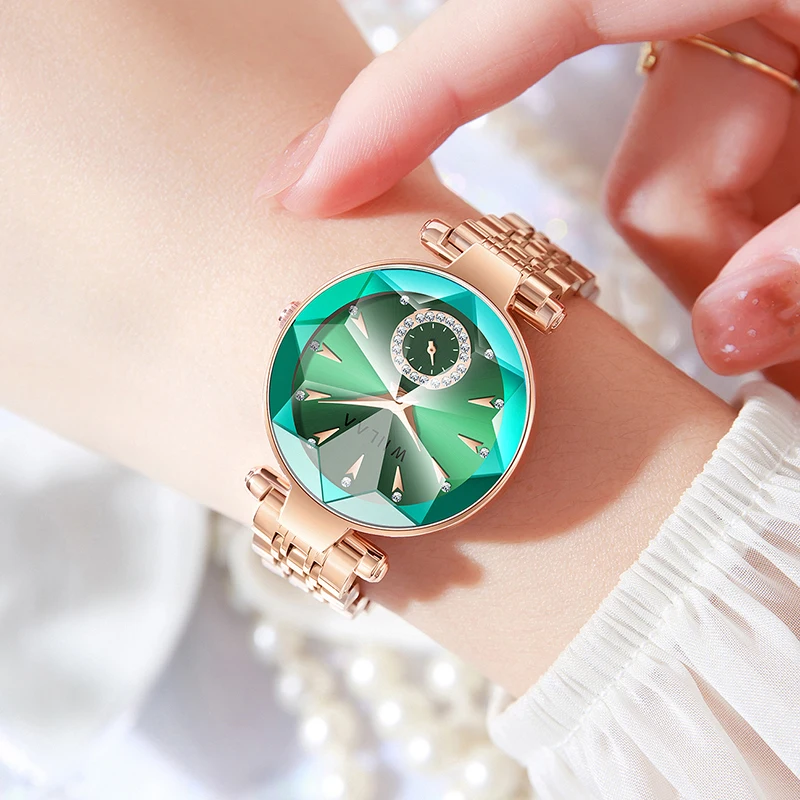 Relojes de pulsera de acero inoxidable para mujer, pulsera de cuarzo verde, marca superior de lujo, 2023