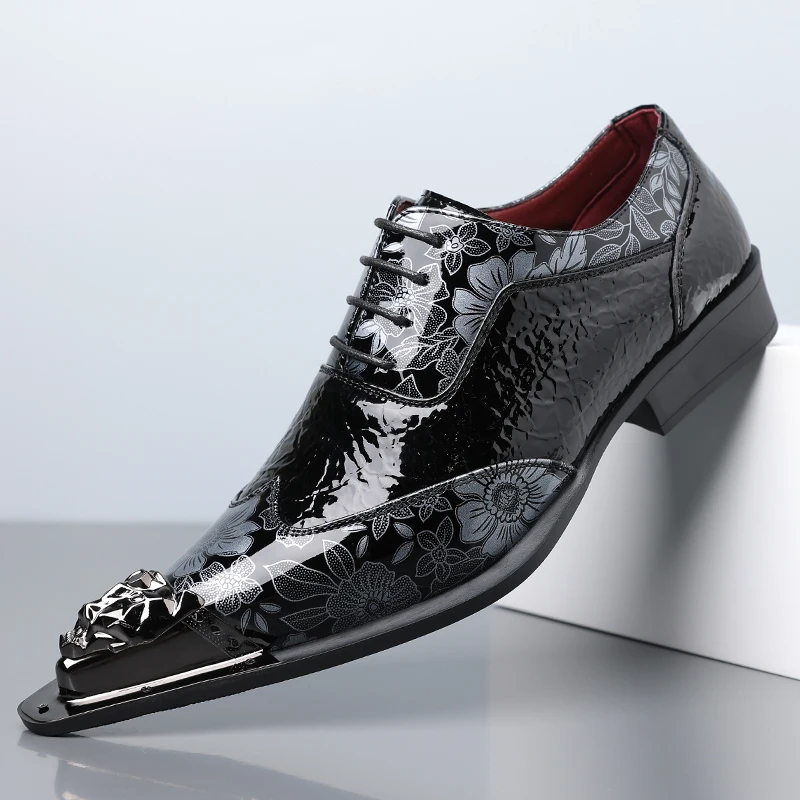 QRLQRL Men's Shiny Golden Metal Cap Toe Loafers Golden Flower Print Shoes Handmade Craft Casual Dress Shoes