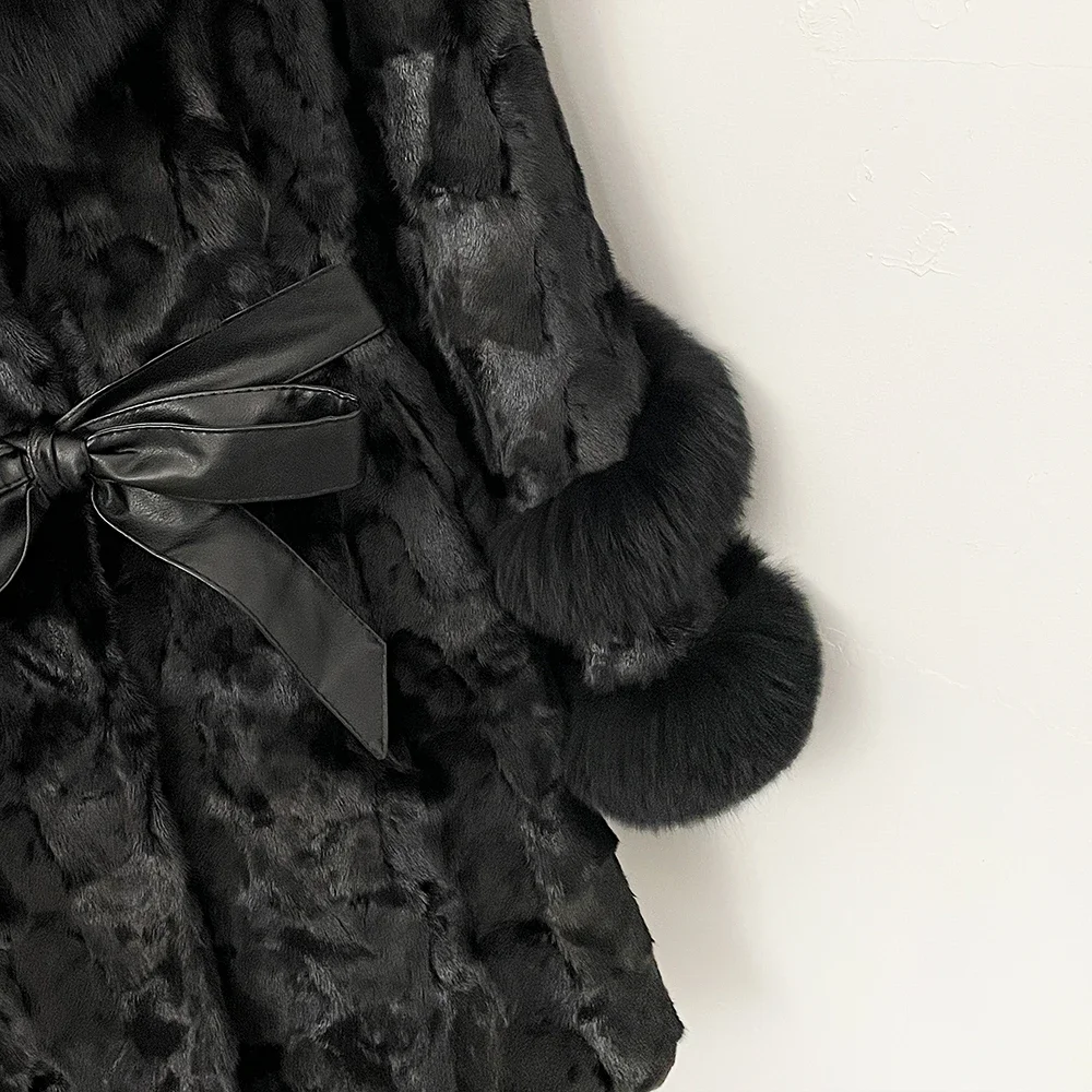 الواقع معطف الفرو للنساء منتصف طول حزام جلد فرو المنك الحقيقي شتاء جديد سميكة الدافئة الإناث الطبيعية الثعلب الفراء سترة الإناث #5