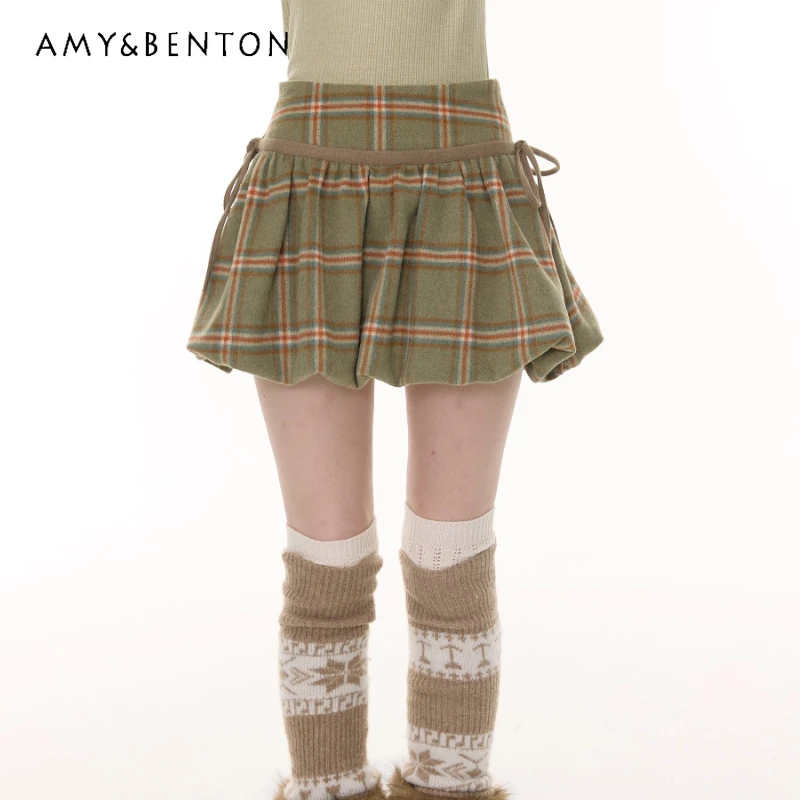 

Autumn Winter New American Retro High Waist Slimming Green Plaid Women's Skirt Original Design Woolen Lace-up Mini Skirts Ladies