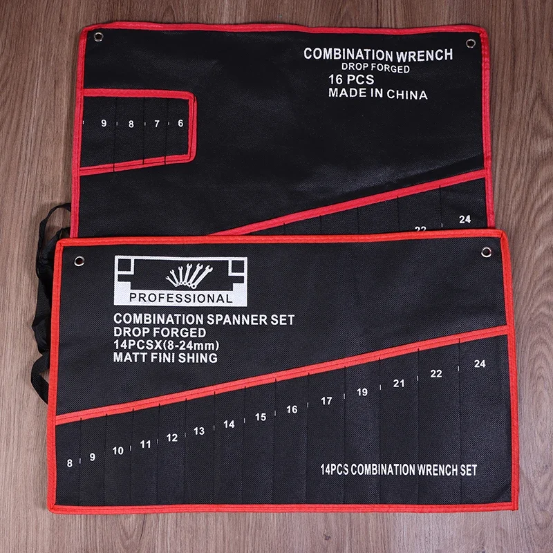 Multi Pocket Black Tool Bag With Red Stitching Compact Wrench Organizer for Mechanics & Craftsmen Secure Zipper & Multi-Pockets