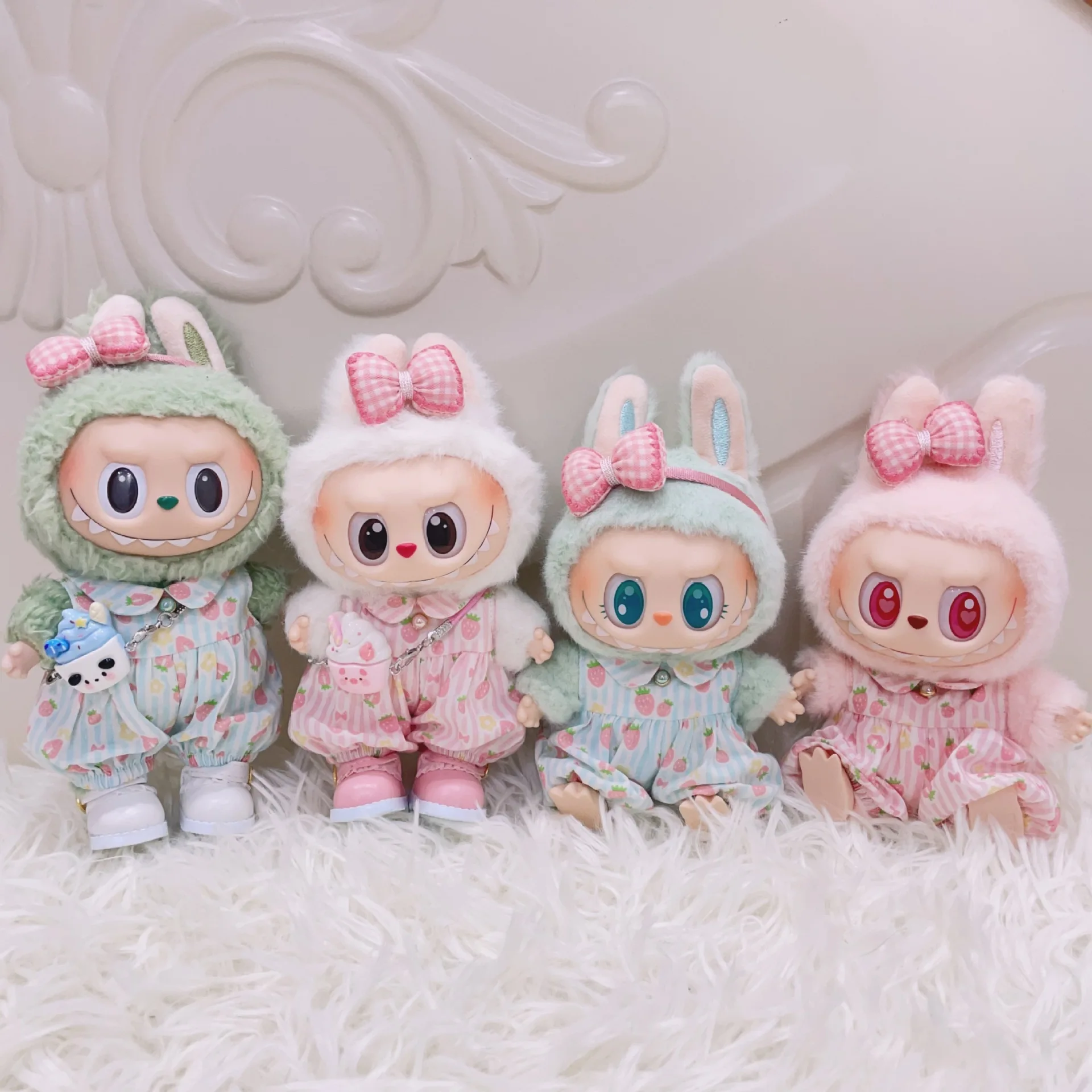 

15cm/17cm Adorable Mini Plush Doll Outfit - Labubu Doll Wear Summer Strawberry Romper Set With Sitting Party Accessories