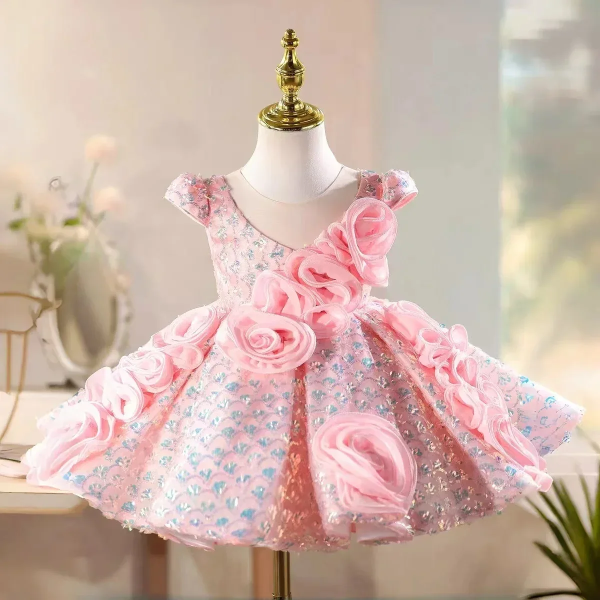 Flower design fashion children's dress summer girls pink new princess dress cross-border foreign trade dress fluffy
