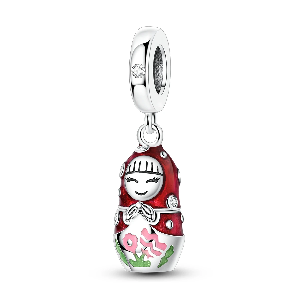 925 Sterling Silver Matryoshka Russian Nesting Doll Charm Red Enamel Dangle Bead Cute Cultural Jewelry Gift for Women