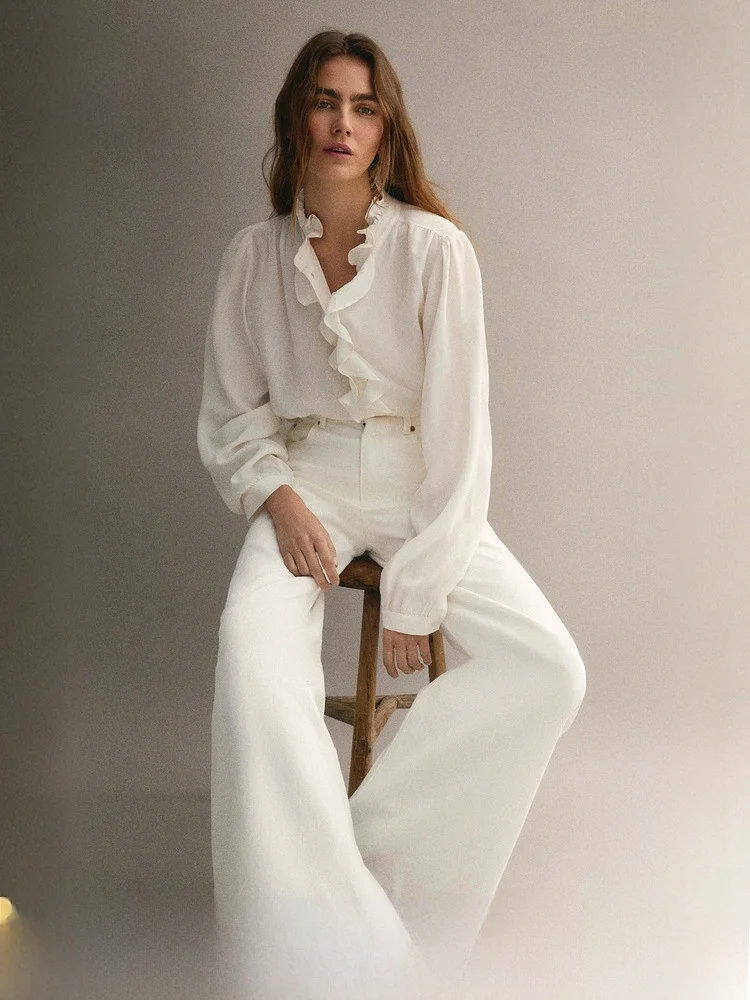 

Trendy Summer Women's Shirt H&M Fingernail Collar Viscose Long Sleeve Business Style Loose Fit Button Detail