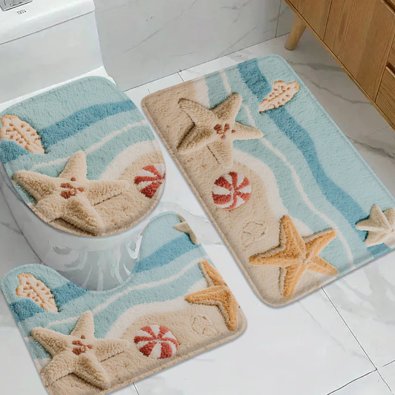 

Набор напольных ковриков с сине-белым полосатым фоном и принтом, противоскользящий коврик для ванной комнаты, небольшой ковер, подушка для сиденья унитаза, дверной коврик