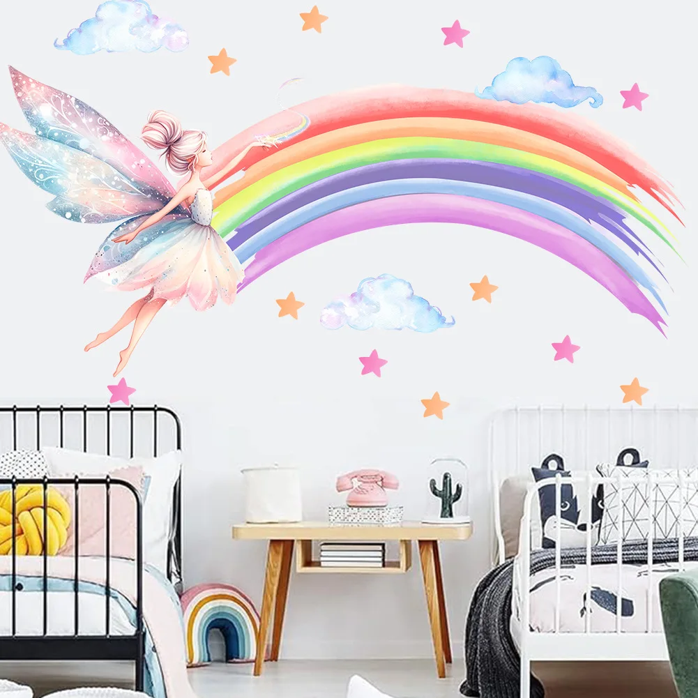 Cartoon Elf Girl Rainbow Wall Sticker Girls Room Cloud Elf Wall Sticker Children\'s Bedroom Decor Wallpaper Self-adhesive Decals