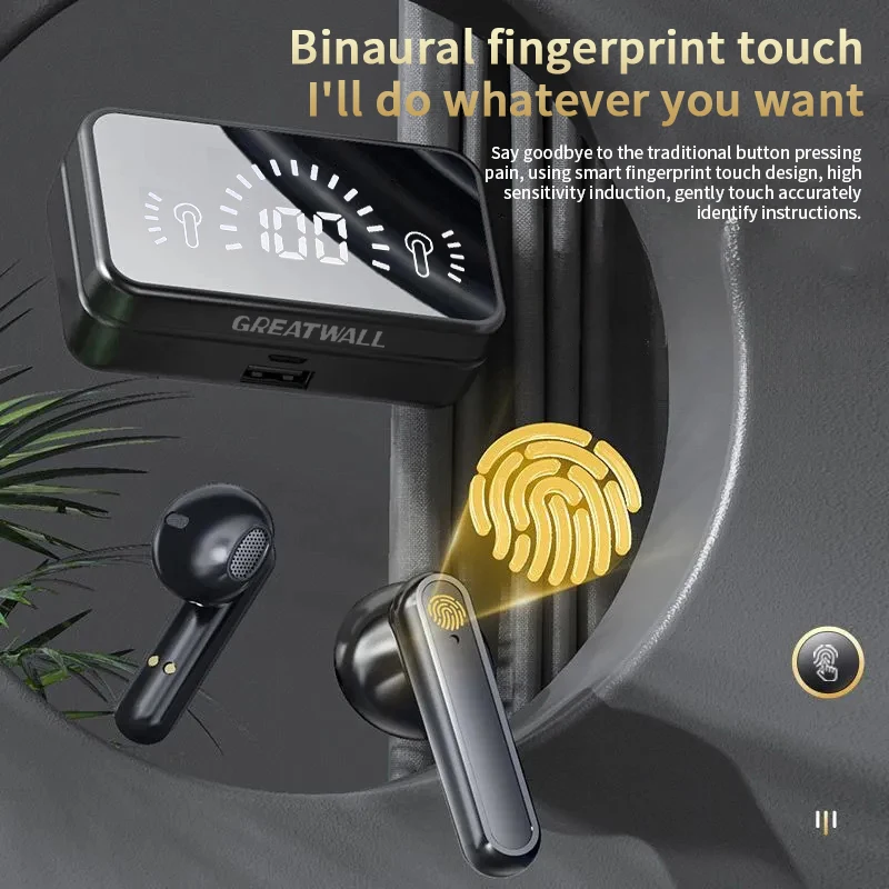 GREATWALL  Mirror  Wireless Bluetooth Headphones HiFi HD Sound Effect Game Earphones Smart Digital Display Charging Cabin