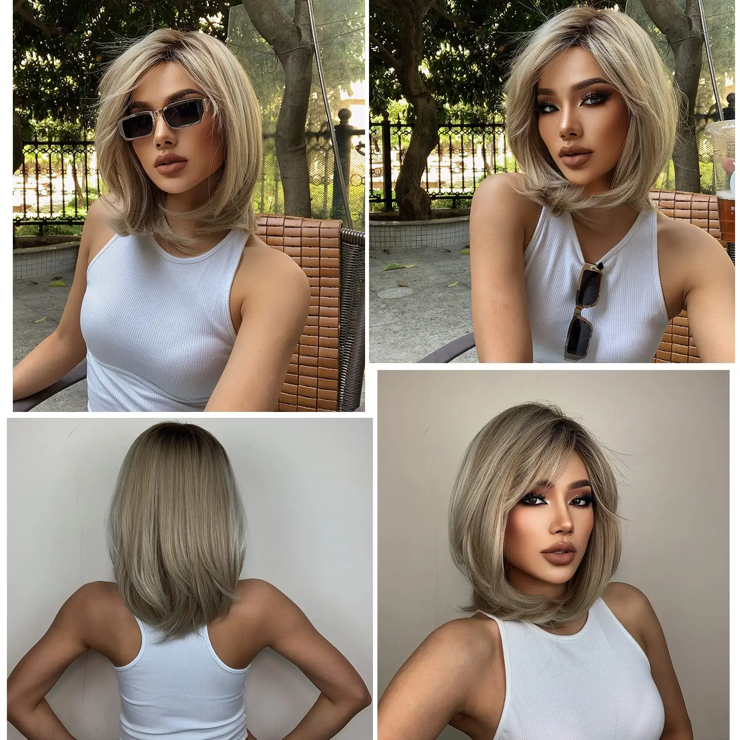 Ombre Light Blonde Wig with Bangs Natural Hairline Middle Length Synthetic Wig  for White Women Daily Use