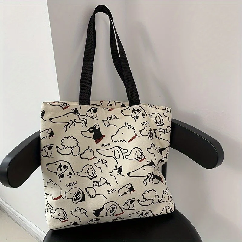 Canvas Tote Bag, Cute Style Bag With Artistic Cute Animal Hand-Drawn Illustrations, Large Capacity Shoulder Book Bag For Women