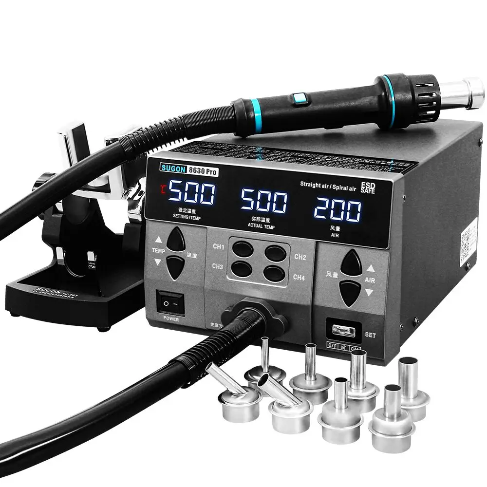 Sugon 8630pro 1300W Heteluchtpistool Digitaal Display Bga Nabewerking Station Gebogen Mondstuk Lasreparatie Desoldeerstation