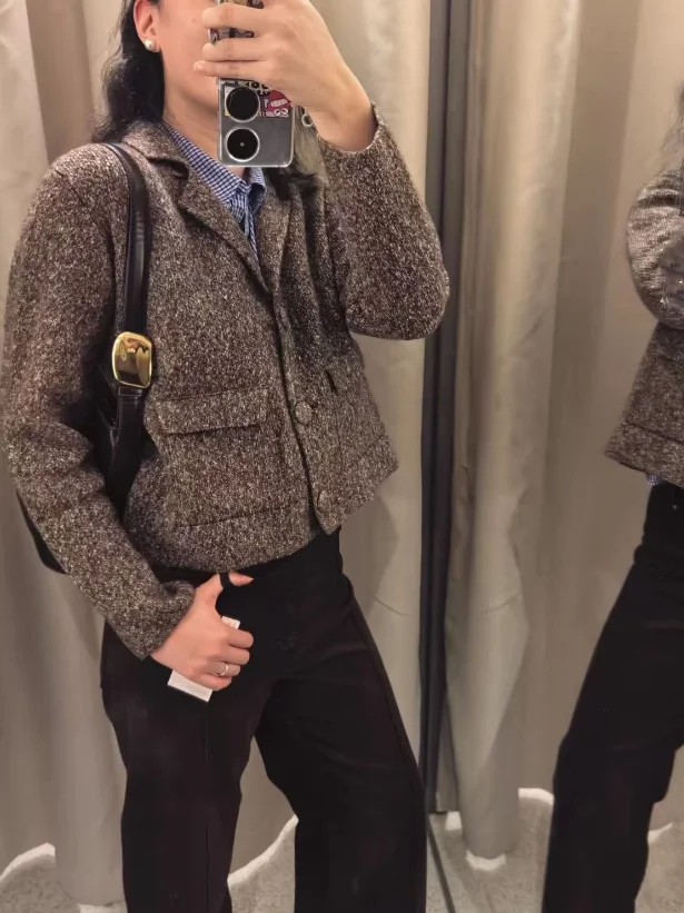 

Retro Sle Knitted Cardigan Women's Slim Fit Collar Coat Autumn New Arrival Brown Floral Patterned Open Front Polyester Fiber