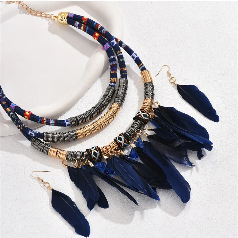 Fashion Bohemian Ethnic Feather Crystal Mixed Choker Necklace Earrings Set For Women Multilayer Nekclaces Earrings Jewellry Sets