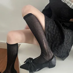 Calcetines rasgados medias de verano para mujer calcetines hasta la rodilla ultrafinos Lolita niñas Color sólido negro blanco gris calcetines largos medias de mujer