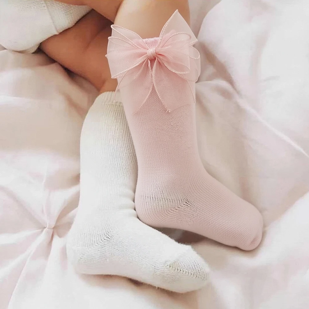 Cute Kids Knee High Dressing Socks Baby Girls Long Sock Big Bowknot Soft Cotton Solid Color Children Princess Socken For Party