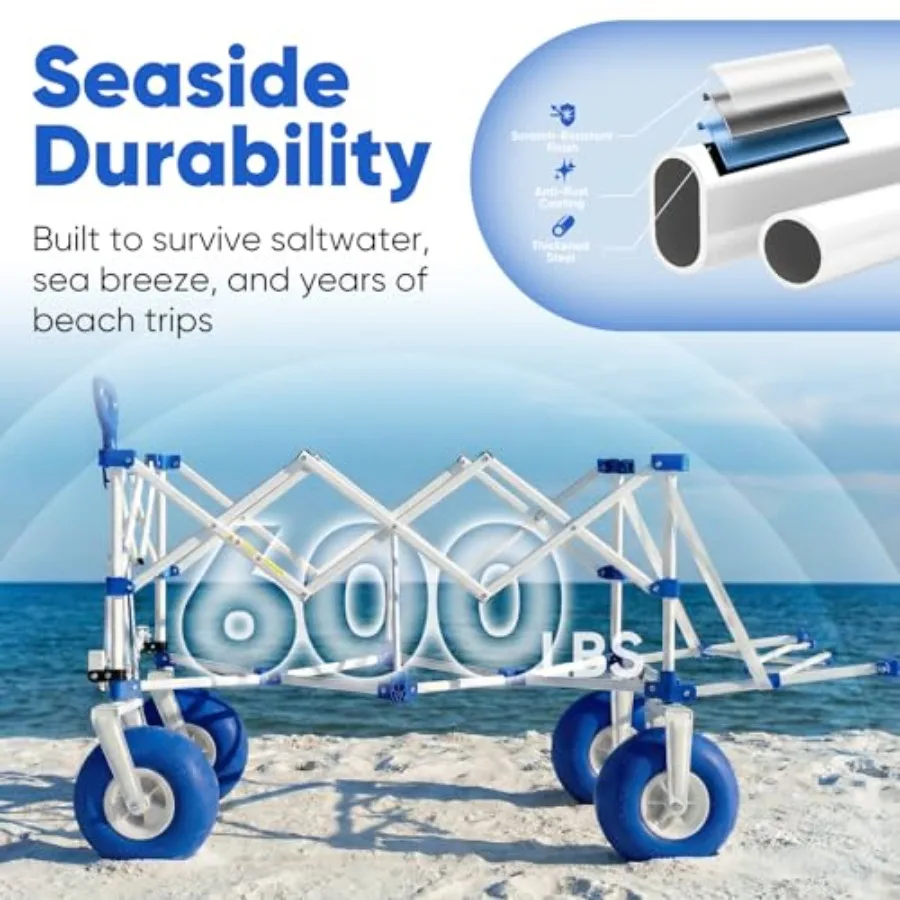 Heavy Duty Beach Wagon with 9" Big Sand-Proof Wheels, 300L Oversized Foldable Beach Cart with Cooler Adjustable Handle and Ball - view 6