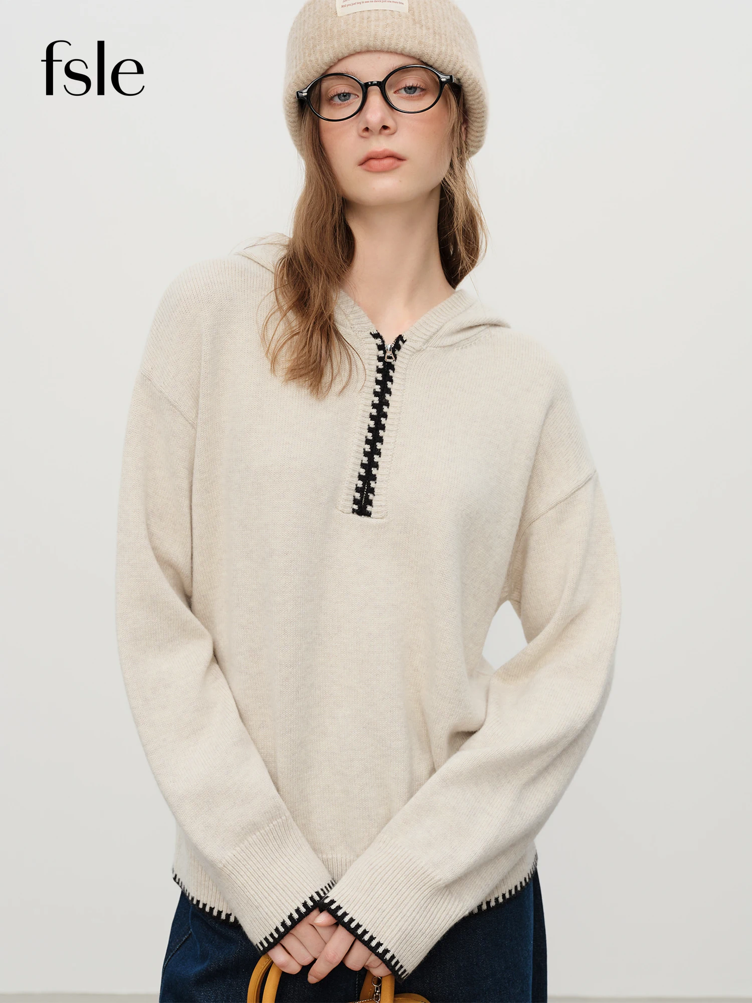 

FSLE контрастного цвета, свободный свитер с капюшоном для женщин, зима 202, новая жаккардовая толстовка с вышивкой, однотонная, простая, чистая посадка