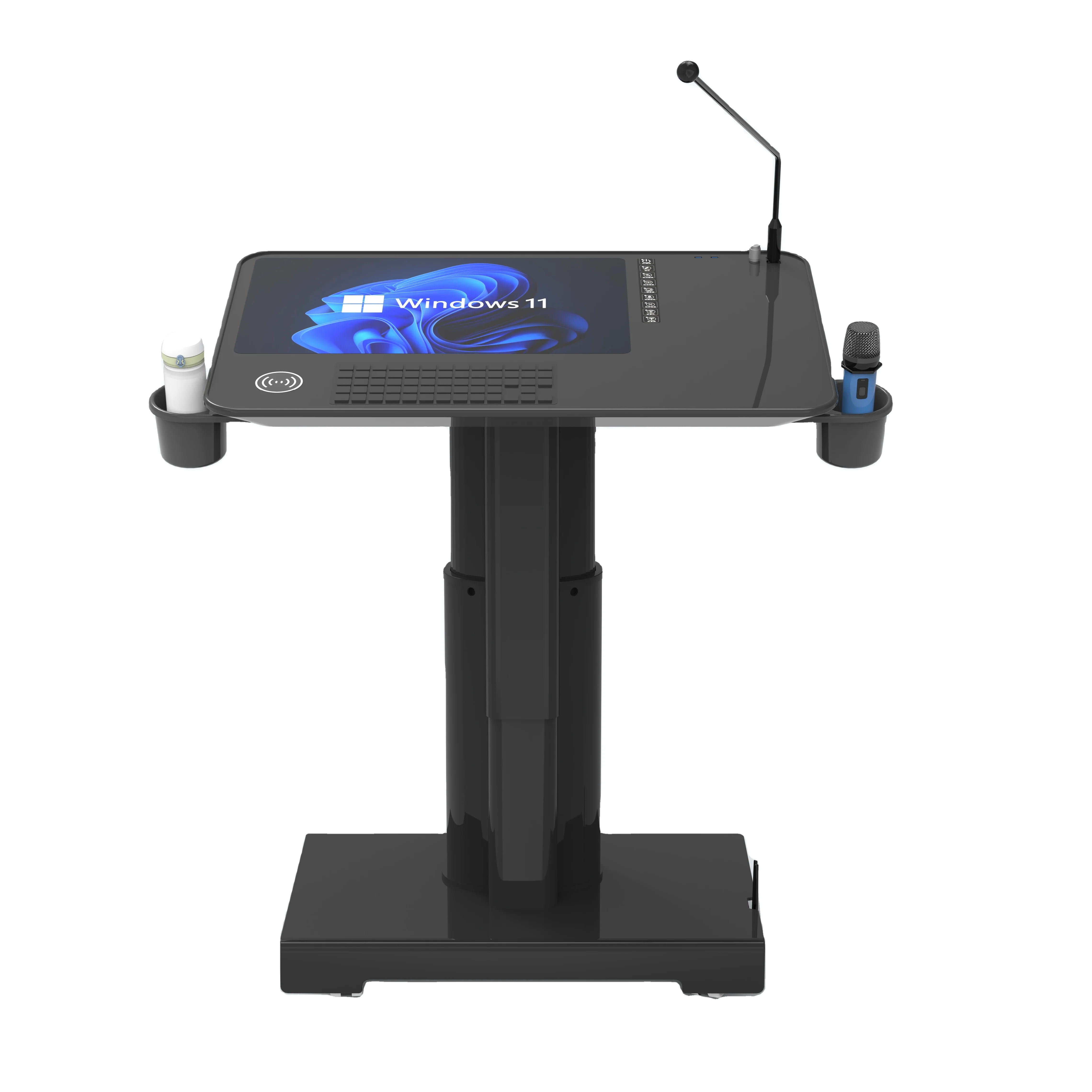 Height Adjustable Lectern Stand With Wireless Microphone For Conference; Smart Podium With 9-key Intelligent Control Panel