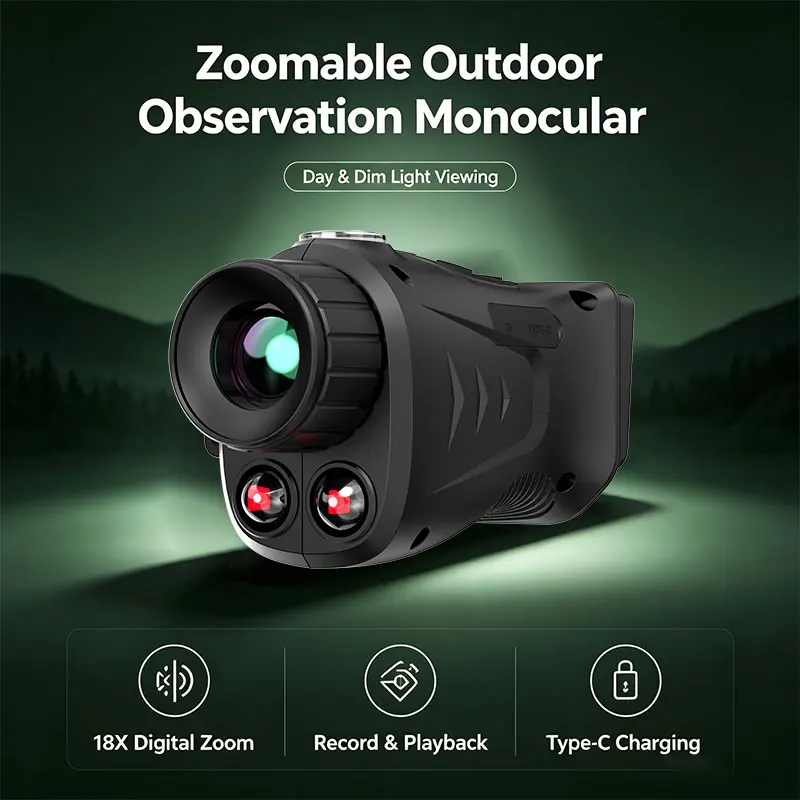 Zoomable Outdoor Observation Monocular, 18X Digital Zoom, Photo&Video Record, 2.8