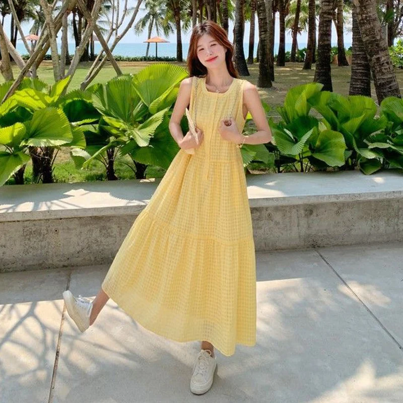 Vestido Maxi Elegante Sin Mangas Color Amarillo Claro para Mujer, Vestido a Cuadros con Botones al Frente, Vestido Casual Refinado para Verano, Vestido para Citas