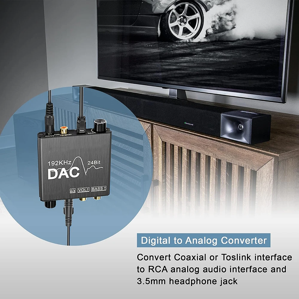 192KHz DAC Digital to Analog Audio Converter with Volume Control SPDIF Optical Toslink Coaxial to L/R RCA 3.5mm Stereo Jack