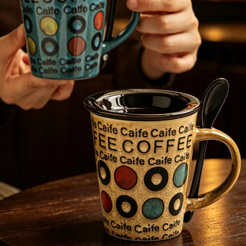 Gift‑Boxed Retro Ceramic Mug Creative Letter Dot Coffee Cup Home Milk Drinking Cup Couple Mug with Lid and Spoon Gift Cup