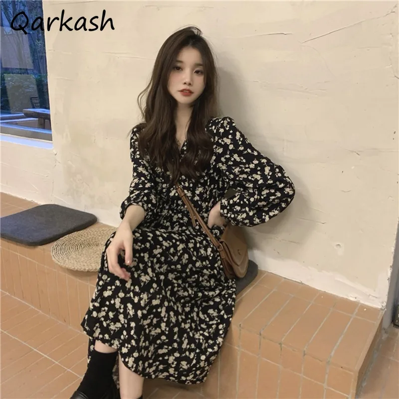 

Floral Dresses Women Autumn New Midi High Waist Temperament Long Sleeve V-neck A-line Gentle Elegant Ulzzang Prevalent Fashion