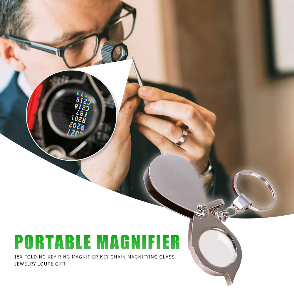 Portable Mini 15X Magnifier Metallic Silver Foldable Exquisite  Keychain Glass Loupe Pocket Tool Gift Supplies