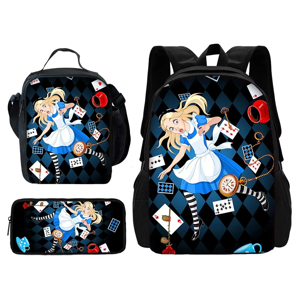 Cartoon Princess Alice in Wonderland School Backpack with Lunch Bags ,Pencil Bag ,School Bags for Boys Girls Best Gift