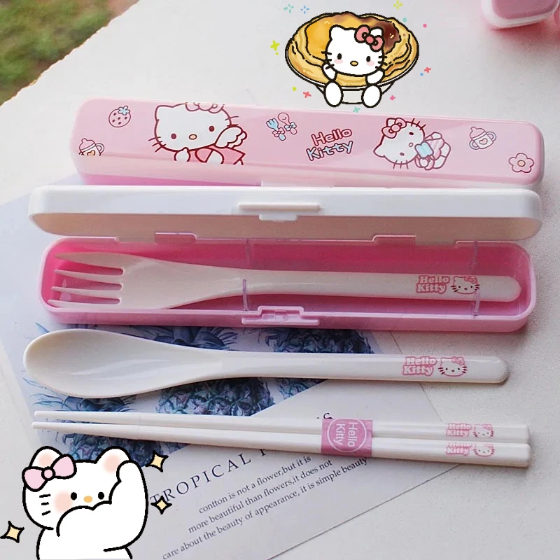 

Sanrio Hello Kitty Anime Tableware Set Portable Student Dinnerware Set Kitchen Tableware Spoon Fork Chopsticks Flatware with Box