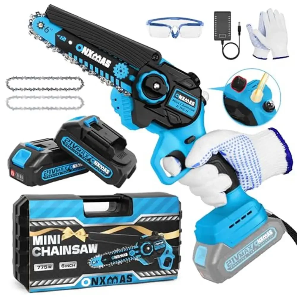 6'' Mini Cordless Electric Chainsaw with 2 Batteries & Charger Lightweight Handheld Chain Saw Garden Smooth Cutting & Easy