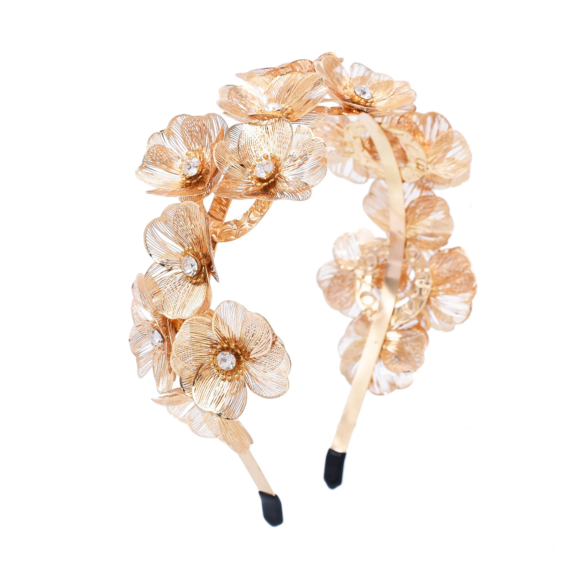 

New Baroque Rose Lace Shape Flower Design Gold Plated Metal Wedding Crystal Hairband Tiara for Women