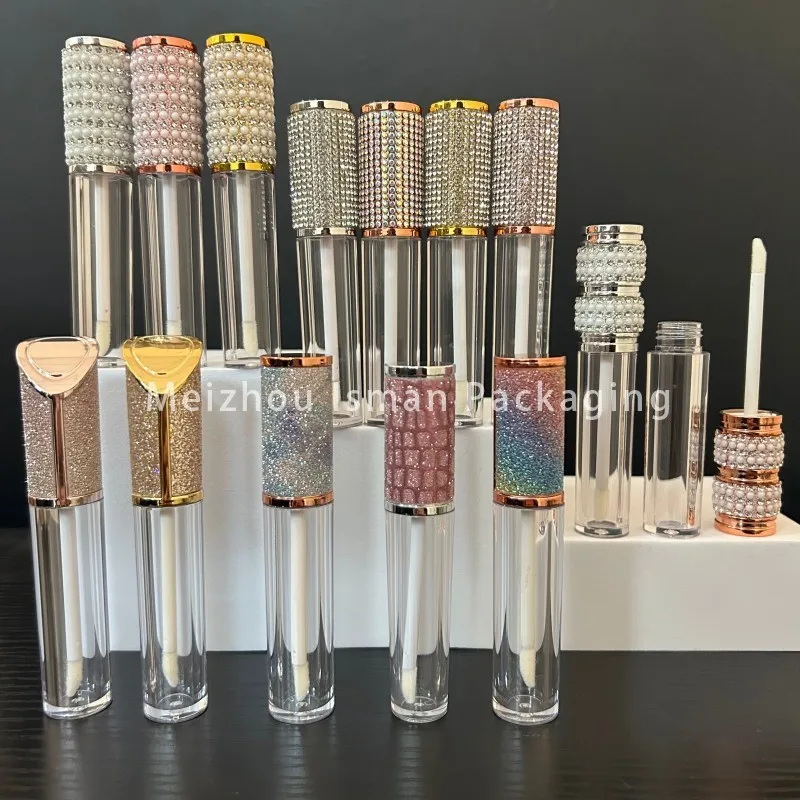 50Pcs rainbow pearl lipgloss makeup packaging empty bling glitter top lip gloss wand tube container with diamond 5ml