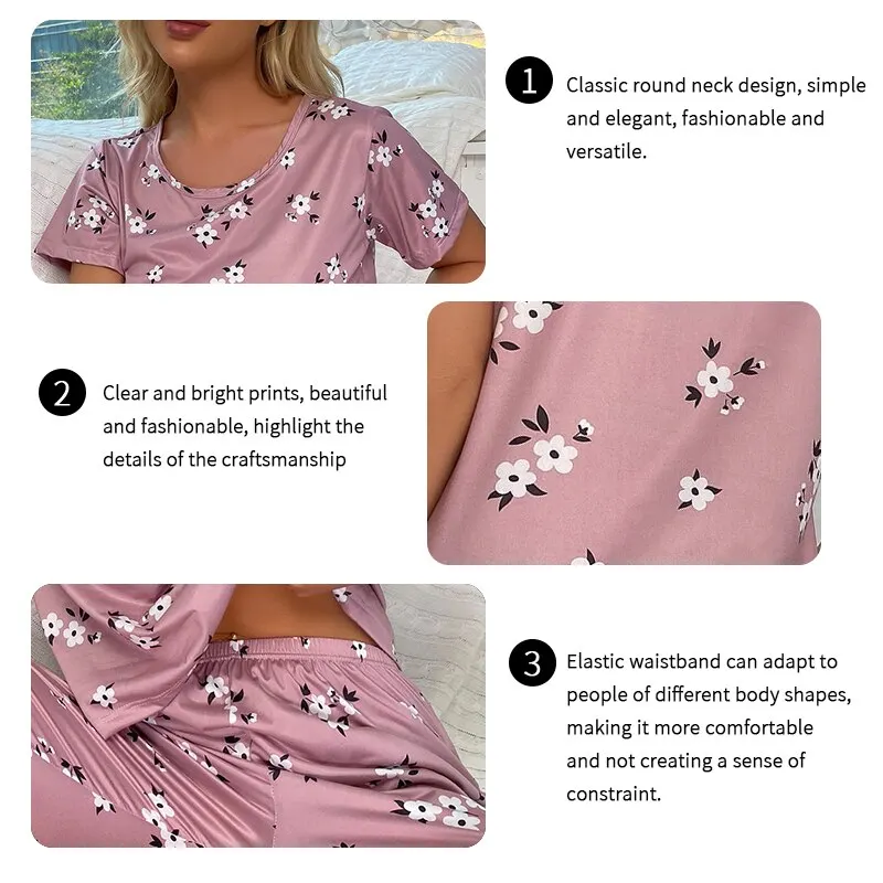 Women Pajama Set Sleepwear Short Sleeve Tops With Long Pants Pajamas Nightwear Floral Print Pyjama Sets Cute Homewear Pijamas Pj