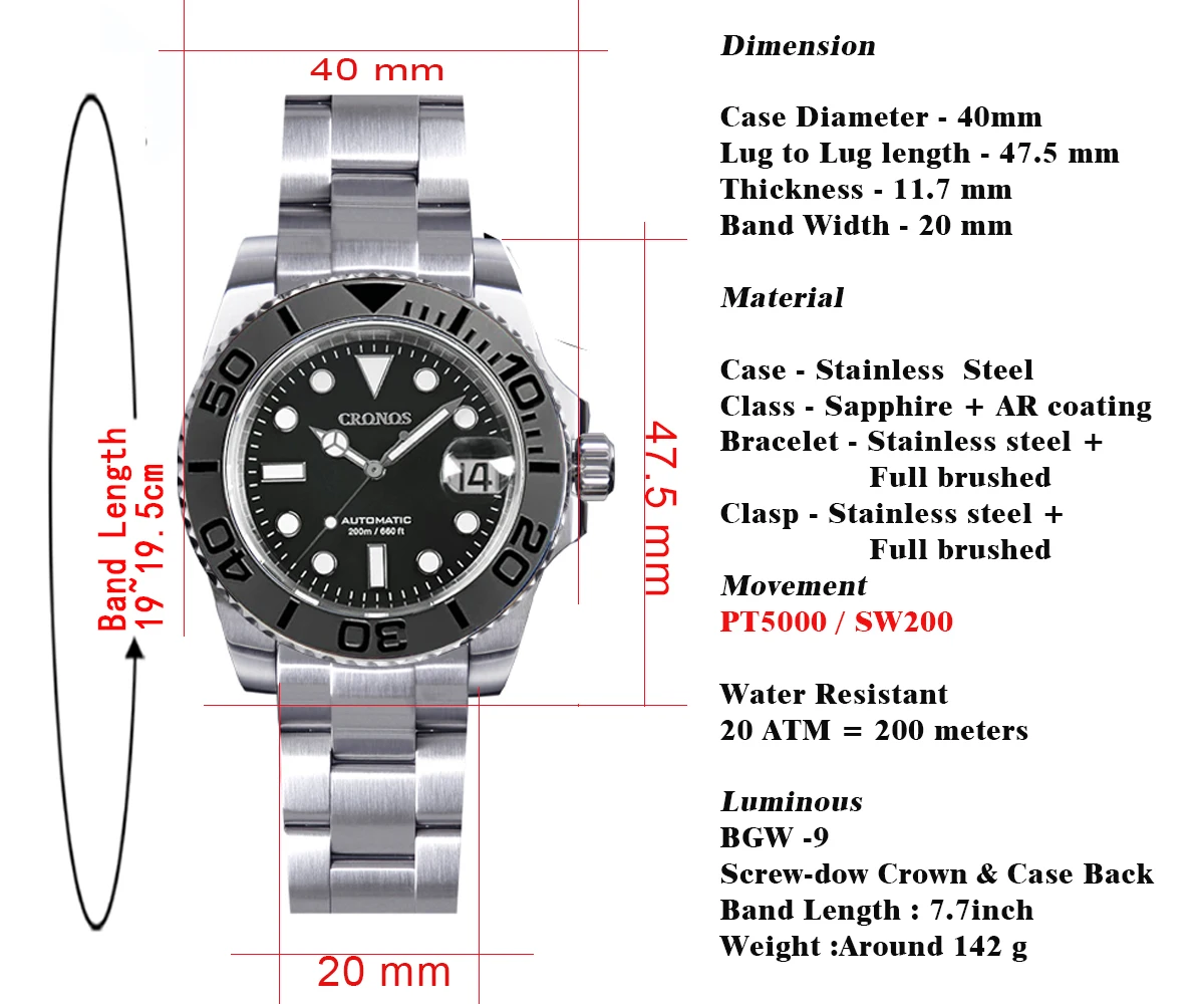 Cronos Sub Diver Men\'s Watches Bidirectional Ceramic Bezel 40mm 20ATM Water Resistant Full Brushed Bracelet L6018