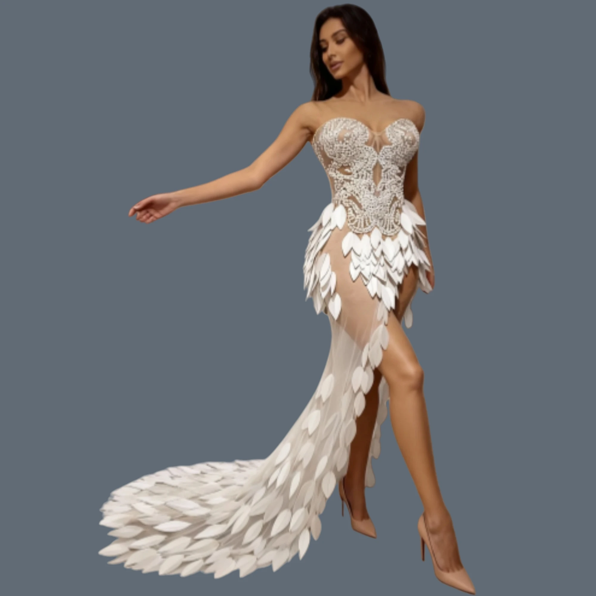 

Elegant White Pearls Floor-length Dress Women Sexy Mesh See Through Party Birthday Outfit High Side Slits Evening Gown Hailuo
