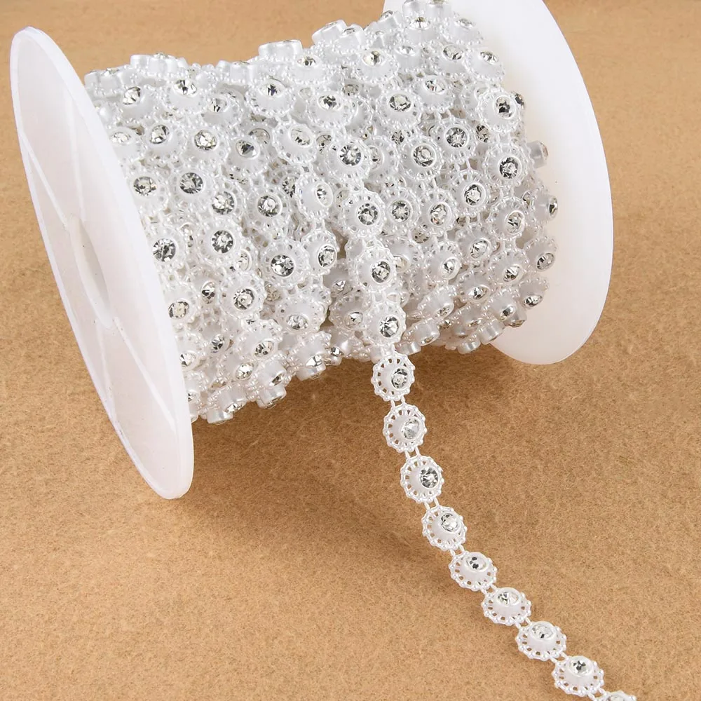 1Yard 10mm Width ABS Flatback Imitation Pearl with 5mm Round Rhinestone Chain Sewing Trim Lace Wedding Clothes Cake Decoration