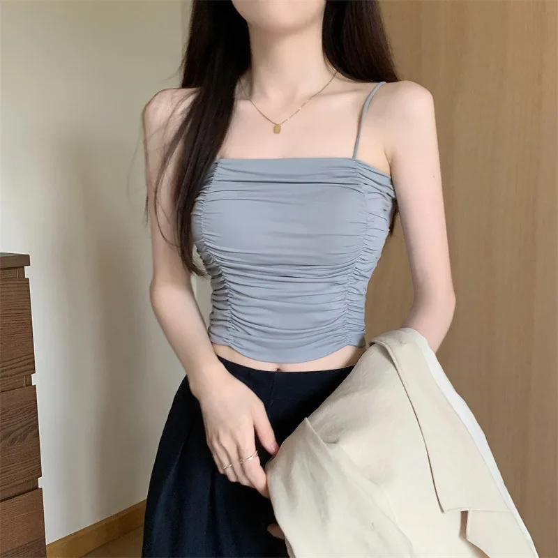 Fold No Steel Ring Cotton Chest Pad Wide Shoulder Sports Vest Women Solid Simplicity Bra Tank Top Female Fashion Vest Underwear